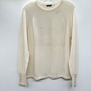 J. McLaughlin 100% Cashmere Crew Neck Sweater Sz L Ivory Buttons *STAINS*